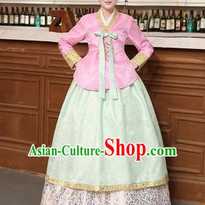 Korean Traditional Costumes Asian Korean Hanbok Palace Bride Embroidered Pink Blouse and Green Skirt for Women