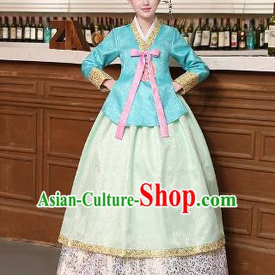 Korean Traditional Costumes Asian Korean Hanbok Palace Bride Embroidered Blue Blouse and Green Skirt for Women