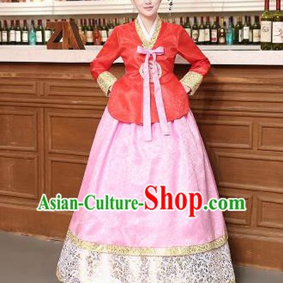 Korean Traditional Costumes Asian Korean Hanbok Palace Bride Embroidered Red Blouse and Pink Skirt for Women