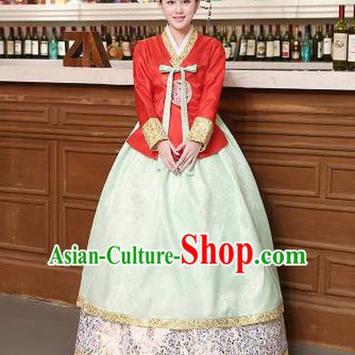 Korean Traditional Costumes Asian Korean Hanbok Palace Bride Embroidered Red Blouse and Green Skirt for Women