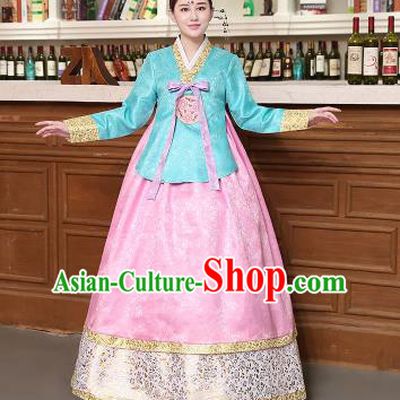 Korean Traditional Costumes Asian Korean Hanbok Palace Bride Embroidered Blue Blouse and Pink Skirt for Women