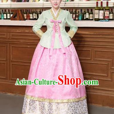 Korean Traditional Costumes Asian Korean Hanbok Palace Bride Embroidered Green Blouse and Pink Skirt for Women