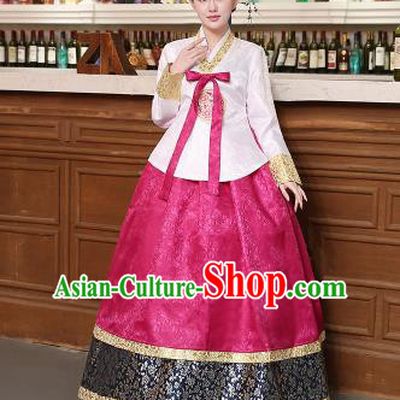 Korean Traditional Costumes Asian Korean Hanbok Palace Bride Embroidered White Blouse and Rosy Skirt for Women