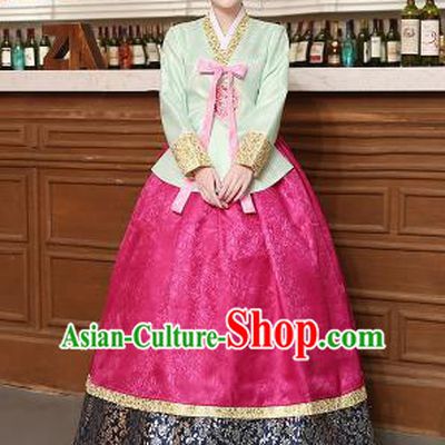 Korean Traditional Costumes Asian Korean Hanbok Palace Bride Embroidered Green Blouse and Rosy Skirt for Women