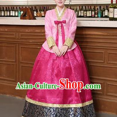 Korean Traditional Costumes Asian Korean Hanbok Palace Bride Embroidered Pink Blouse and Rosy Skirt for Women