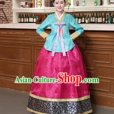 Korean Traditional Costumes Asian Korean Hanbok Palace Bride Embroidered Blue Blouse and Rosy Skirt for Women