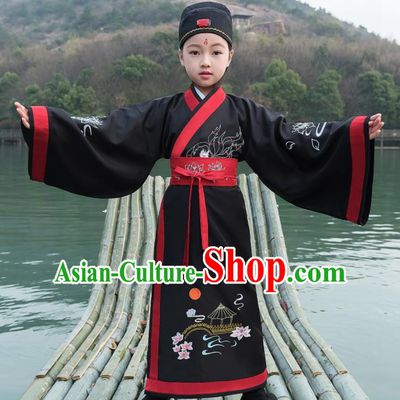 Traditional Chinese Ancient Scholar Costumes Han Dynasty Minister Black Embroidered Robe for Kids
