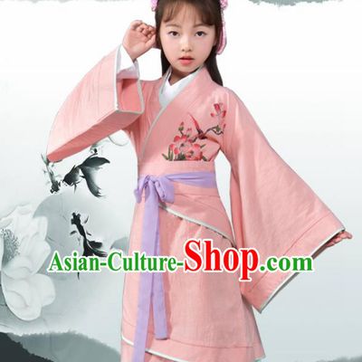 Traditional Chinese Ancient Han Dynasty Princess Costume Pink Curving-front Robe for Kids
