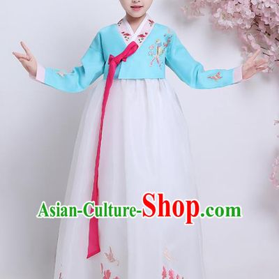 Asian Korean Traditional Costumes Korean Hanbok Blue Blouse and White Skirt for Kids