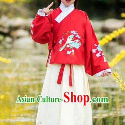 Traditional Chinese Ancient Ming Dynasty Princess Costumes Red Blouse and White Skirt for Kids