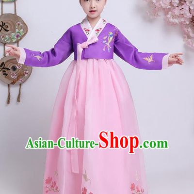 Asian Korean Traditional Costumes Korean Hanbok Purple Blouse and Pink Skirt for Kids