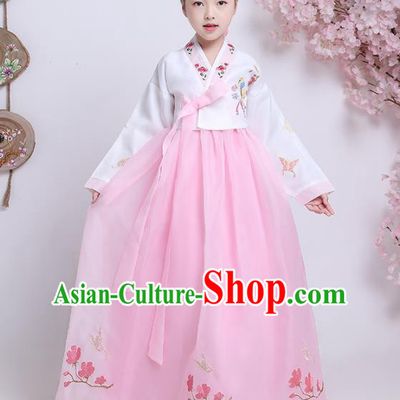 Asian Korean Traditional Costumes Korean Hanbok White Blouse and Pink Skirt for Kids