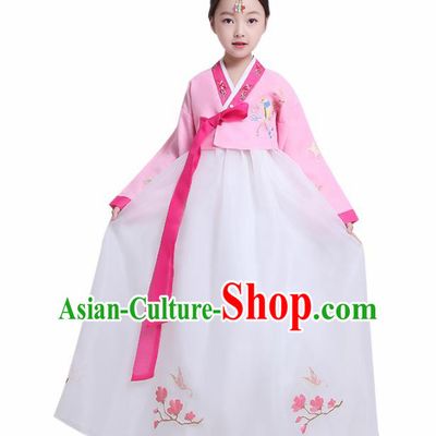 Asian Korean Traditional Costumes Korean Hanbok Pink Blouse and White Skirt for Kids