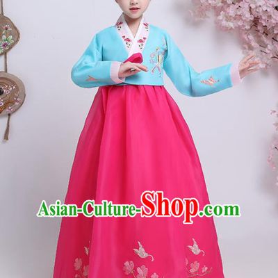 Asian Korean Traditional Costumes Korean Hanbok Blue Blouse and Rosy Skirt for Kids