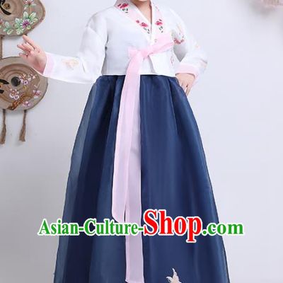Asian Korean Traditional Costumes Korean Hanbok White Blouse and Navy Skirt for Kids