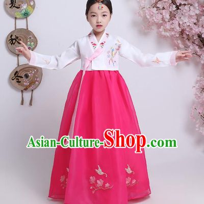 Asian Korean Traditional Costumes Korean Hanbok White Blouse and Rosy Skirt for Kids