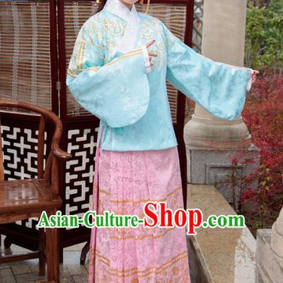 Traditional Chinese Ancient Hanfu Dress Ming Dynasty Princess Costumes Blue Blouse and Pink Skirt for Women