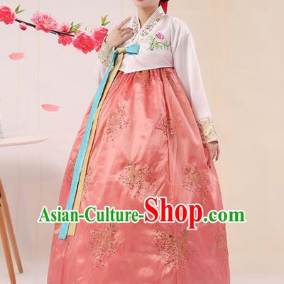 Korean Traditional Palace Costumes Asian Korean Hanbok Bride Embroidered White Blouse and Pink Skirt for Women