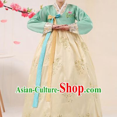 Korean Traditional Palace Costumes Asian Korean Hanbok Bride Embroidered Green Blouse and Yellow Skirt for Women