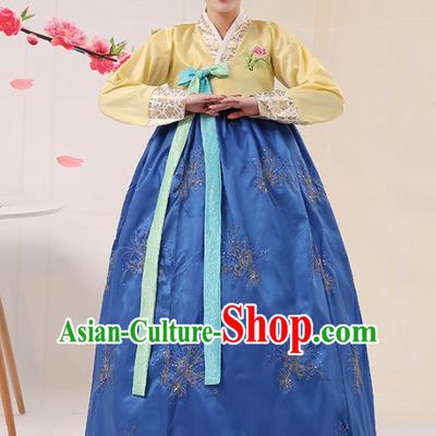 Korean Traditional Palace Costumes Asian Korean Hanbok Bride Embroidered Yellow Blouse and Blue Skirt for Women