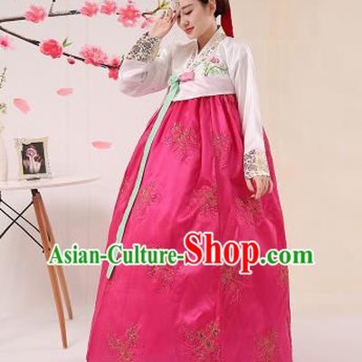 Korean Traditional Palace Costumes Asian Korean Hanbok Bride Embroidered White Blouse and Rosy Skirt for Women