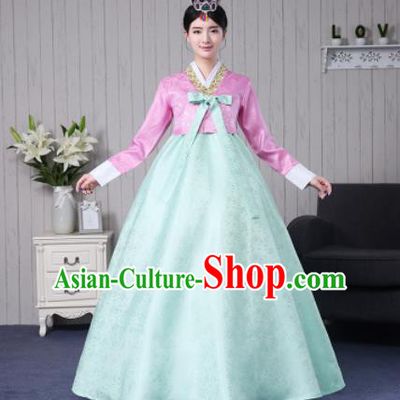 Traditional Korean Palace Costumes Asian Korean Hanbok Bride Pink Blouse and Green Skirt for Women