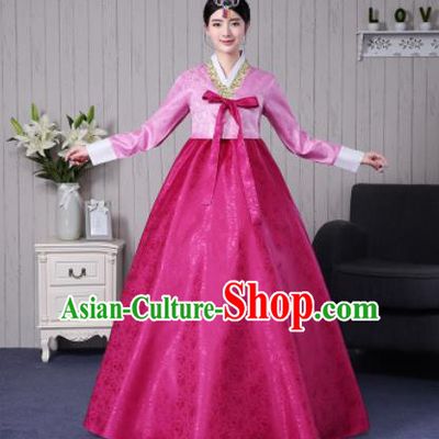 Traditional Korean Palace Costumes Asian Korean Hanbok Bride Pink Blouse and Rosy Skirt for Women
