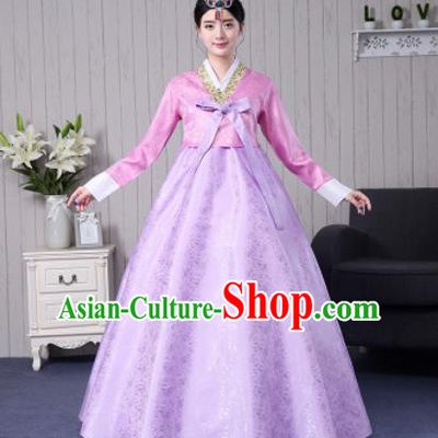 Traditional Korean Palace Costumes Asian Korean Hanbok Bride Pink Blouse and Lilac Skirt for Women