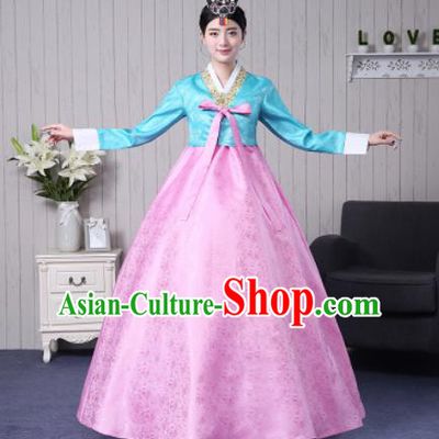 Traditional Korean Palace Costumes Asian Korean Hanbok Bride Blue Blouse and Pink Skirt for Women