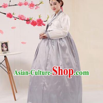 Korean Traditional Palace Costumes Asian Korean Hanbok Bride White Blouse and Grey Skirt for Women