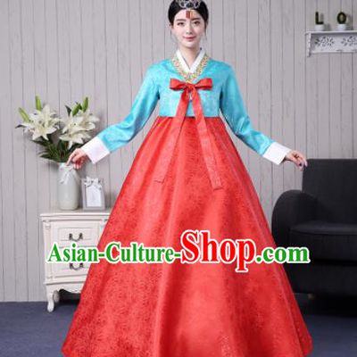 Traditional Korean Palace Costumes Asian Korean Hanbok Bride Blue Blouse and Red Skirt for Women