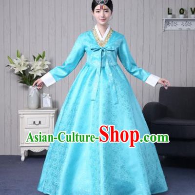 Traditional Korean Palace Costumes Asian Korean Hanbok Bride Blue Blouse and Skirt for Women