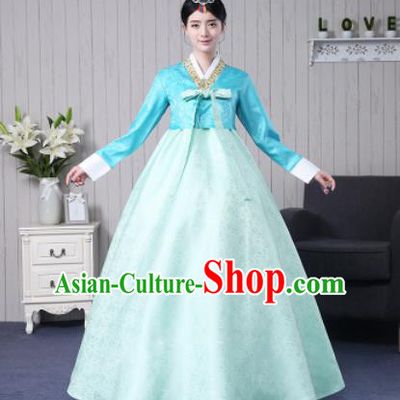 Traditional Korean Palace Costumes Asian Korean Hanbok Bride Blue Blouse and Green Skirt for Women
