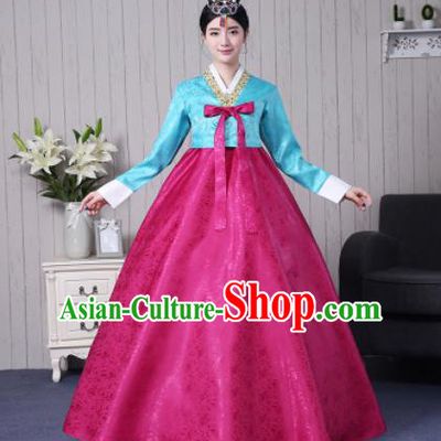 Traditional Korean Palace Costumes Asian Korean Hanbok Bride Blue Blouse and Rosy Skirt for Women