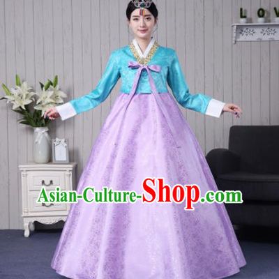 Traditional Korean Palace Costumes Asian Korean Hanbok Bride Blue Blouse and Lilac Skirt for Women