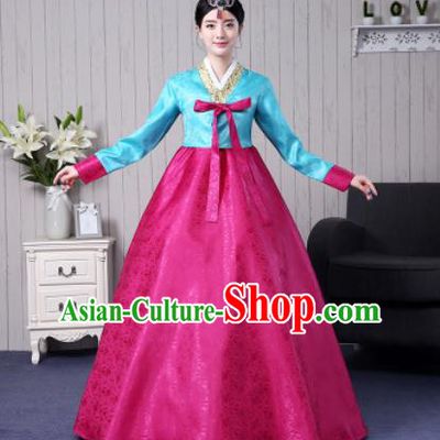 Traditional Korean Palace Costumes Asian Korean Hanbok Bride Blue Blouse and Rosy Skirt for Women