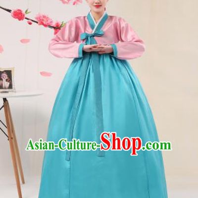 Korean Traditional Palace Costumes Asian Korean Hanbok Bride Pink Blouse and Blue Skirt for Women