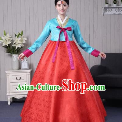 Traditional Korean Palace Costumes Asian Korean Hanbok Blue Blouse and Red Skirt for Women