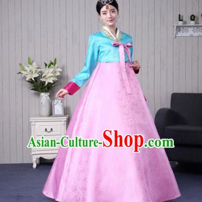 Traditional Korean Palace Costumes Asian Korean Hanbok Blue Blouse and Pink Skirt for Women