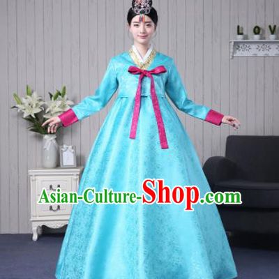 Traditional Korean Palace Costumes Asian Korean Hanbok Blue Blouse and Skirt for Women