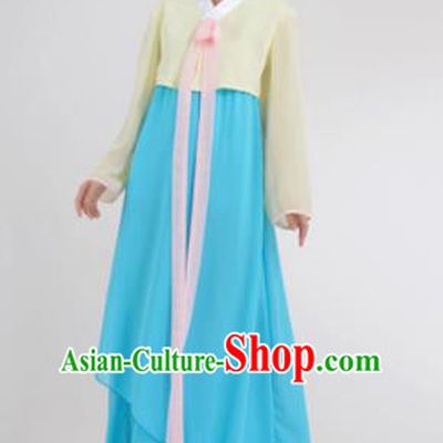Traditional Korean Costumes Asian Korean Hanbok Yellow Blouse and Blue Skirt for Women
