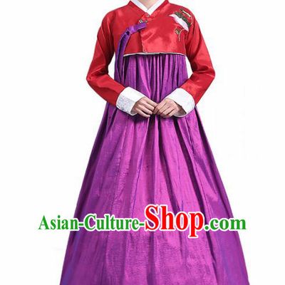 Traditional Korean Costumes Asian Korean Palace Hanbok Red Blouse and Purple Skirt for Women