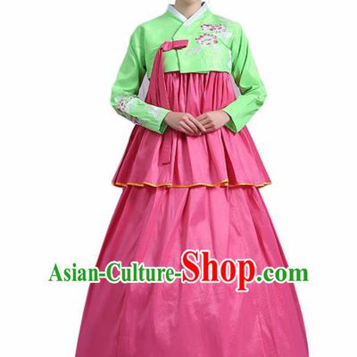 Traditional Korean Costumes Asian Korean Palace Hanbok Green Blouse and Pink Skirt for Women
