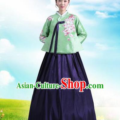 Traditional Korean Costumes Asian Korean Palace Hanbok Green Blouse and Navy Skirt for Women