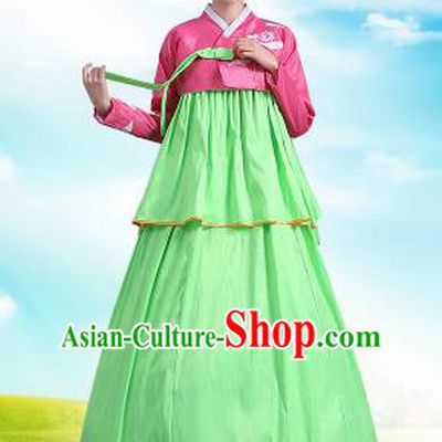 Traditional Korean Costumes Asian Korean Palace Hanbok Pink Blouse and Green Skirt for Women