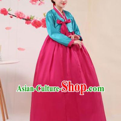 Korean Traditional Palace Costumes Asian Korean Hanbok Bride Blue Blouse and Rosy Skirt for Women