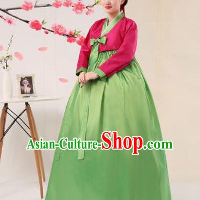 Korean Traditional Palace Costumes Asian Korean Hanbok Bride Rosy Blouse and Green Skirt for Women