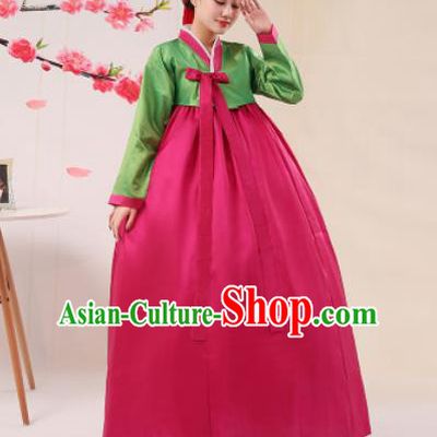 Korean Traditional Palace Costumes Asian Korean Hanbok Bride Green Blouse and Rosy Skirt for Women