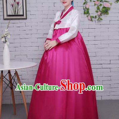 Korean Traditional Palace Costumes Asian Korean Hanbok Bride White Blouse and Rosy Skirt for Women
