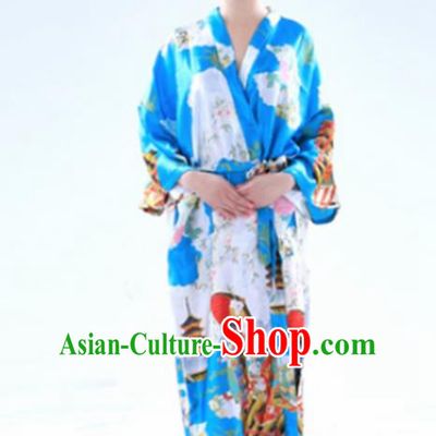 Traditional Japanese Costumes Asian Japan Kimono Printing Blue Yukata for Women